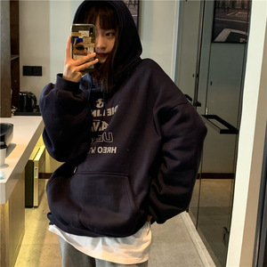 新款潮流加绒加厚灰色卫衣女秋冬宽松韩版bf慵懒风连帽外套ins潮
