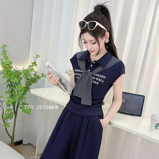 新款 套装 时尚 POLO收腰阔腿裤 女显瘦两件套2606 气质减龄短袖 夏季