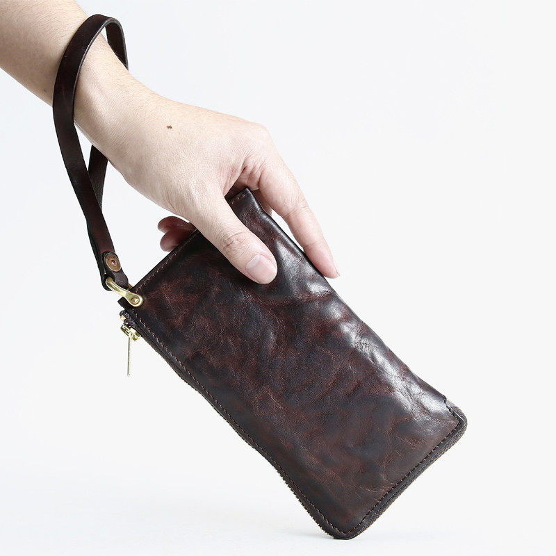 复古水洗男士真皮长款钱包头层牛皮手拎包高档拉链手拿包手抓包1