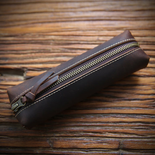 复古手工大容量男士疯马皮笔袋