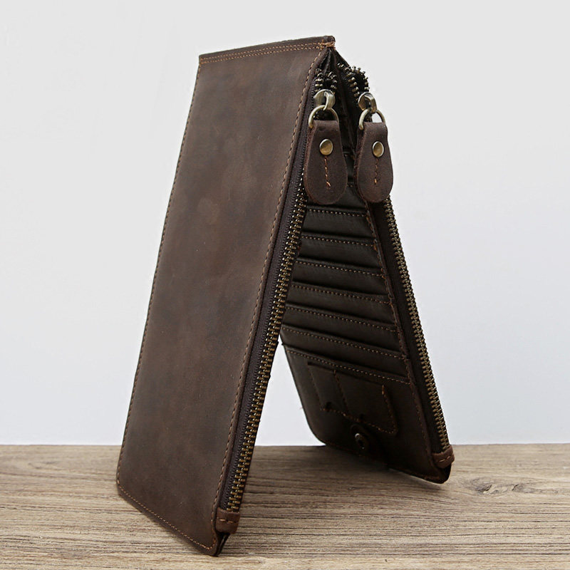 复古疯马皮男士长款钱包真皮拉链多卡位头层牛皮钱包多功能卡包