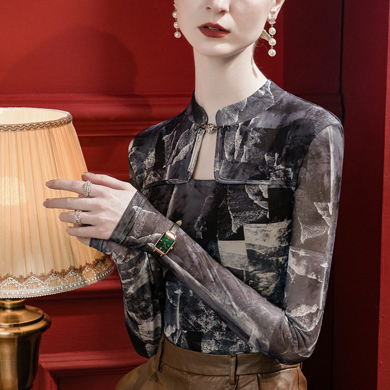 中国风旗袍领上衣女扎染印花修身内搭2026秋季新款镂空洋气小衫
