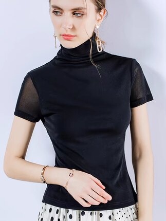 丹语2026新款高领短袖女t恤纱衣网纱打底衫女士半袖沙体上衣春夏