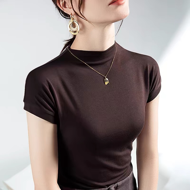 欧洲站黑色短袖坎肩女高领打底衫2025新款高弹小众设计感显瘦上衣