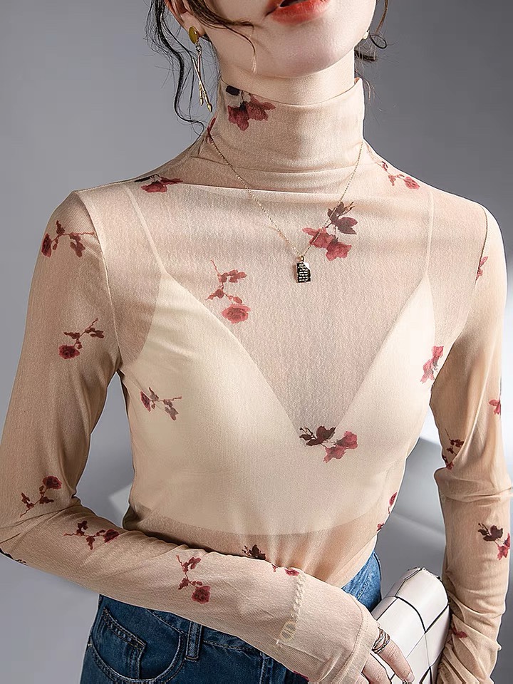 早秋设计感网纱印花打底衫女装微透内搭小衫性感跳舞纱衣复古上衣