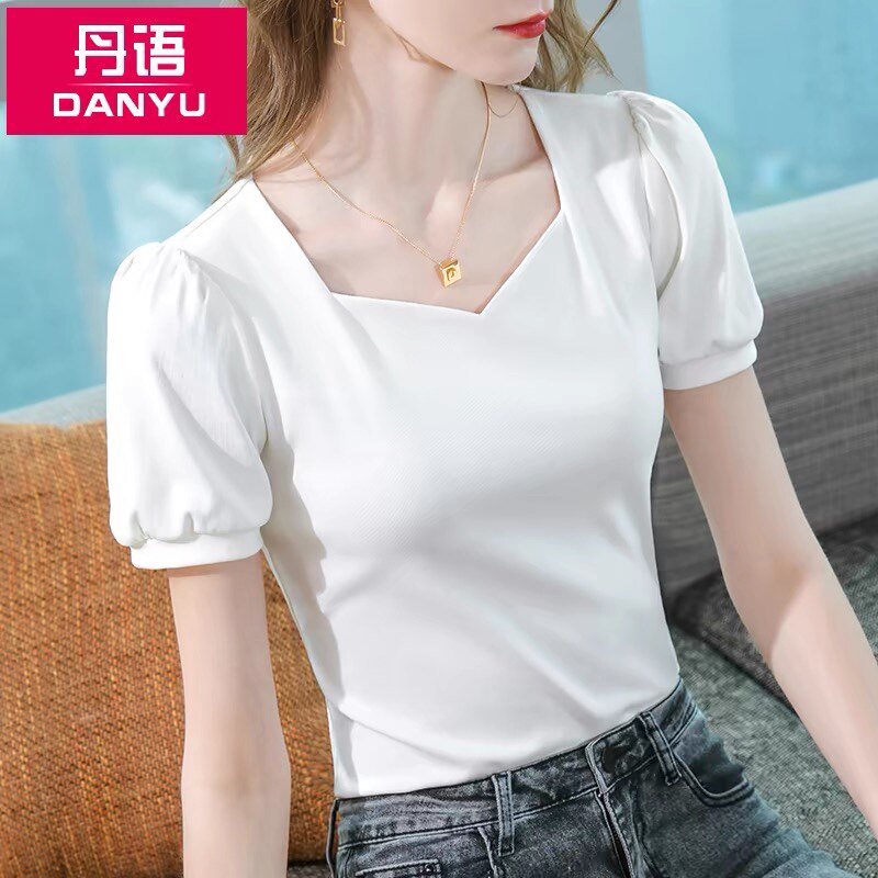 丹语方领短袖白色T恤女2026夏装新款减龄气质女装修身露锁骨上衣