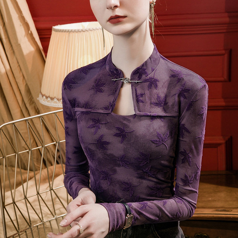 轻国风复古旗袍领上衣女长袖植绒提花紫色t恤复古新中式打底衫秋