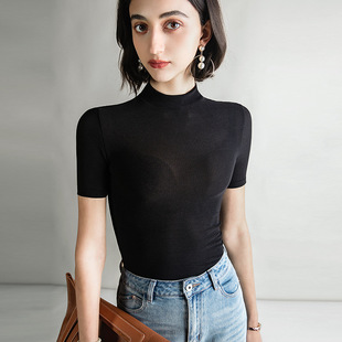 性感微透网纱打底衫女内搭秋季新款短袖半高领女士黑色辣妹上衣