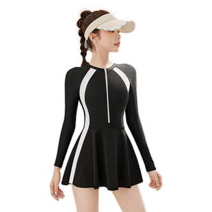 泳衣女2025夏季新款连体裙式游泳馆运动保守显瘦遮肚长袖防晒泳装