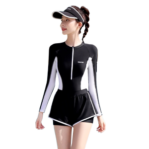 泳衣女款2024新款遮肚显瘦连体长袖平角游泳馆保守泡温泉专业泳装