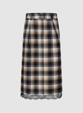 UR国内2026春季新款女装潮流撞色格纹蕾丝拼接半裙UWJ560006