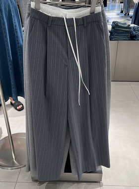 UR国内2025秋季女装休闲撞色拼接系带条纹阔腿裤UWU650019