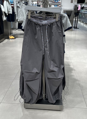 UR国内2025秋季女装休闲格纹拼接褶皱抽绳阔腿裤UYL650076