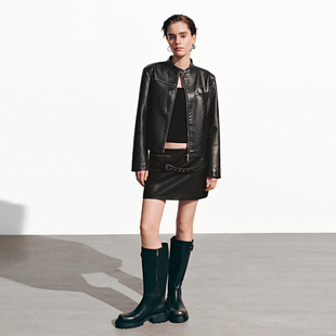 UR国内2025秋季女装时尚复古潮流做旧立领皮衣外套UYV150061