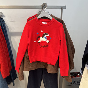 UR国内2026春季女都市撞色小马字母红色提花针织衫UYU960008