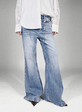 UR国内2025冬季女装魅力水洗链条珠饰喇叭牛仔长裤UWG860002