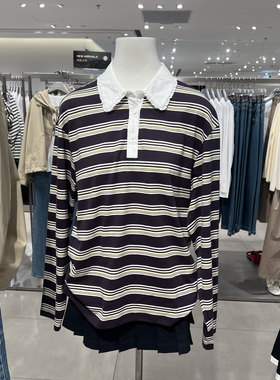 UR国内2026春季女装都市撞色花边翻领条纹长袖T恤UYU460014