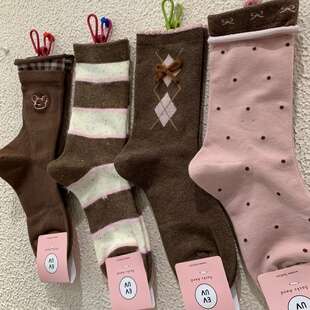 韩系美拉德色系中筒女袜秋冬新款 网红条纹菱形格蝴蝶结卷边堆堆袜