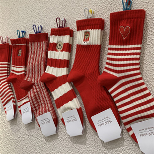 新年红女袜韩东大门撞色条纹卡通刺绣小熊新年袜字母本命年中筒袜