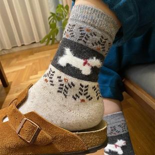 费尔岛复古风女袜子韩东大门冬季新款羊毛卡通毛毛小狗中筒堆堆袜