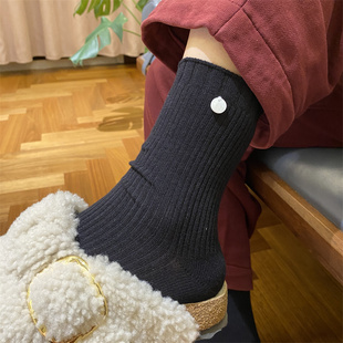 网红款纯色纽扣袜子女2024秋季新款韩东大门基础款棉质坑条中筒袜