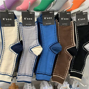 韩国东大门男袜子Ksox夏季 新街头文艺拼色虚线条纹百搭透气中筒袜