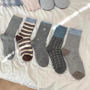 东大门秋冬灰色系女袜街头网红撞色条纹标签爱心咖色系中筒堆堆袜