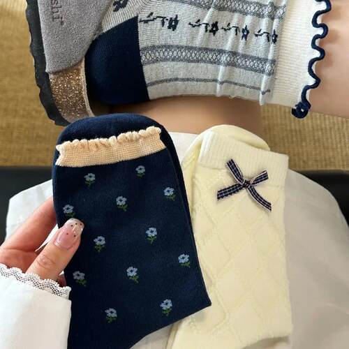 立体蝴蝶结藏青色系木耳边女袜