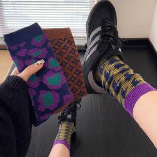 秋冬厚款复古几何图形设计师款女袜子东大门韩网红豹纹中筒堆堆袜