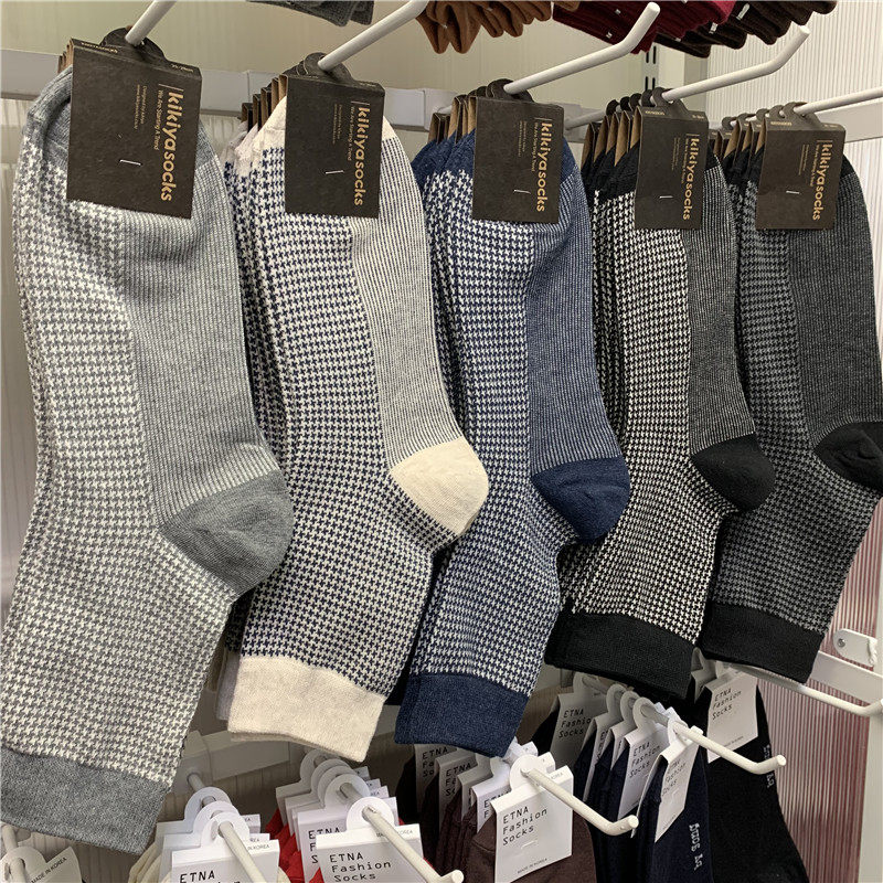 韩国男袜kikiyasocks东大门袜子千鸟格子日系中筒袜商务方格棉袜
