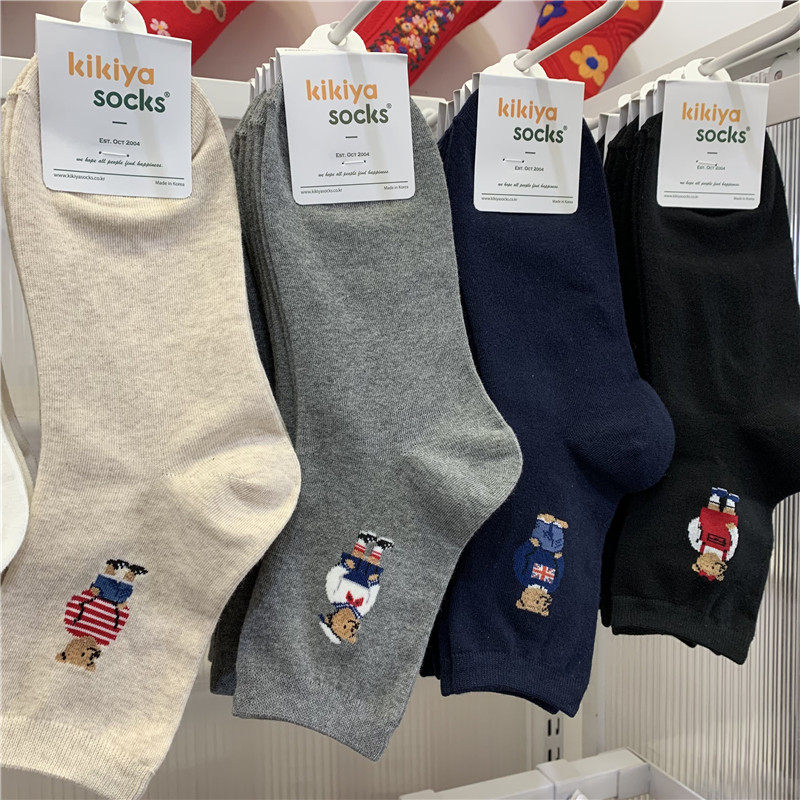 韩国女袜东大门kikiyasocks新款袜子英伦卡通小熊中筒网红四季袜