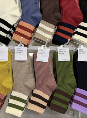 ETNA韩国东大门女士袜子秋简约条纹学生中筒袜网红ins潮流运动袜