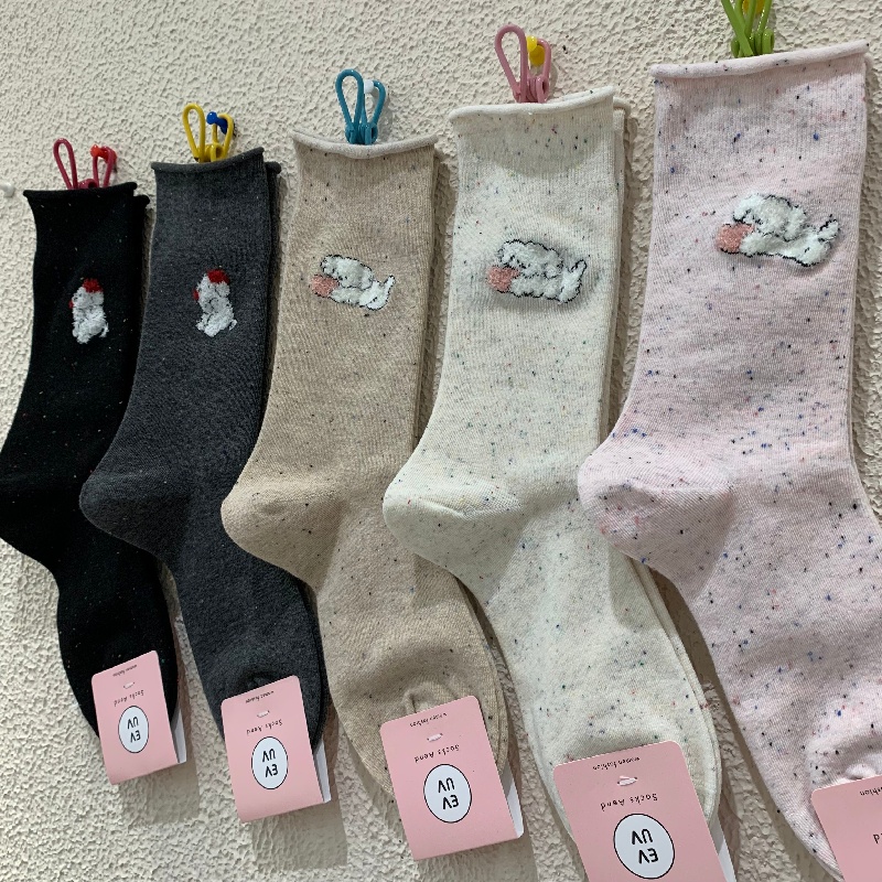 网红款韩系女袜子2025秋冬新款点子纱棉质卷边植绒卡通小狗中筒袜