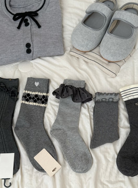 网红款2025秋冬季新款灰色系女袜子米蕾丝木耳边蝴蝶结中筒堆堆袜