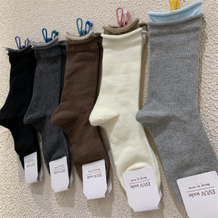 东大门2024秋季新款女袜子网红款拼色拼接卷边棉质韩系柔软中筒袜
