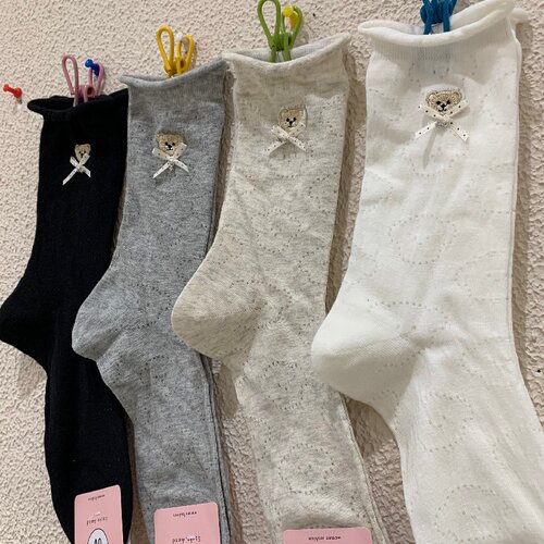 2026春夏新款女袜子韩网红立体蝴蝶结刺绣卡通小熊网眼薄款中筒袜