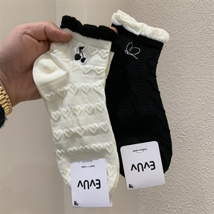 春夏新款 木耳边袜筒刺绣爱心樱桃短筒袜 低帮女袜东大门街头网红款