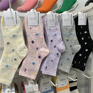 韩国东大门春夏新款 女袜街头卡通星空点沙束腰运动袜星球中筒袜薄