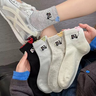 2026春夏新款短筒女袜网红款刺绣卡通小猫爱心气球棉质运动矮腰袜