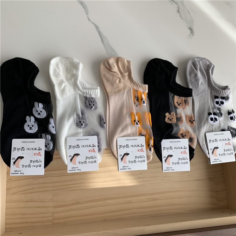 glalalane韩国东大门夏天女袜子卡通动物小熊网纱透气棉质船袜套