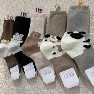 韩东大门冬季加厚女袜子柔软袜跟植绒卡通小熊绵羊毛巾内里中筒袜