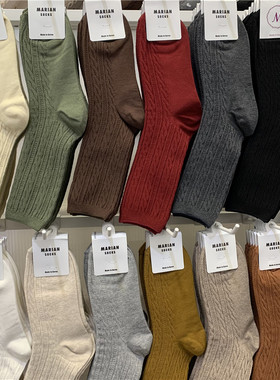 MARIAN韩国女袜东大门新款纯色袜子净版立体浮雕麻花螺纹中筒袜潮