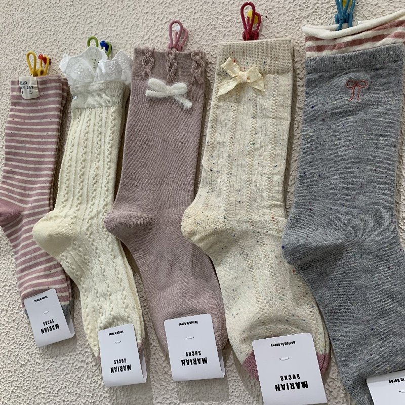 立体蝴蝶结粉色系女袜子2025秋冬新款立体浮雕蕾丝卷边条纹中筒袜,女士内衣/男士内衣/家居服,中筒袜,淘宝优惠券,粉丝福利购,淘宝优惠卷