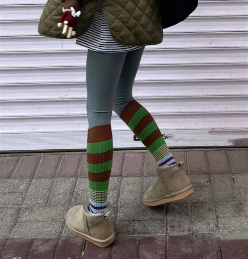 拼色条纹弹力长筒堆堆袜女