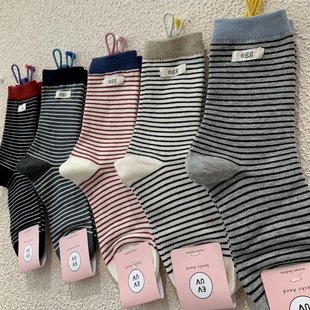 学院风字母标签egg女袜子韩系网红2025秋冬新款 拼色细条纹中筒袜