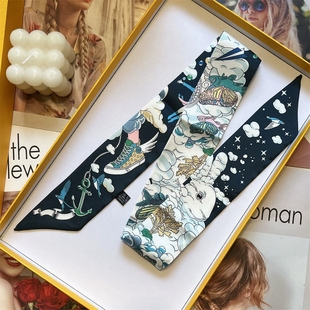 黑色云间万象小丝巾真丝绑包包手柄丝带装饰双层细长条领巾发带女