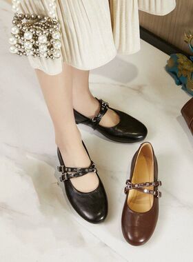 原创2026春季平底单鞋女鞋子配裙子金属扣子玛丽珍黑色lp乐福鞋