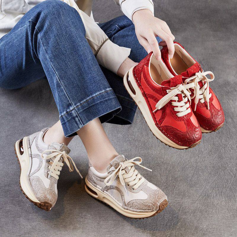 头层牛皮复古红色阿甘鞋女26春季新款厚底百搭气垫运动系带休闲鞋