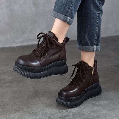 新款系带真皮女靴小个子厚底2025