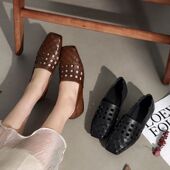 百搭简约一脚蹬方头单鞋 原创2026新款 时尚 复古编织冲孔乐福鞋 法式